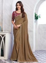 Shimmer Silk Brown Party Wear Embroidery Work Saree